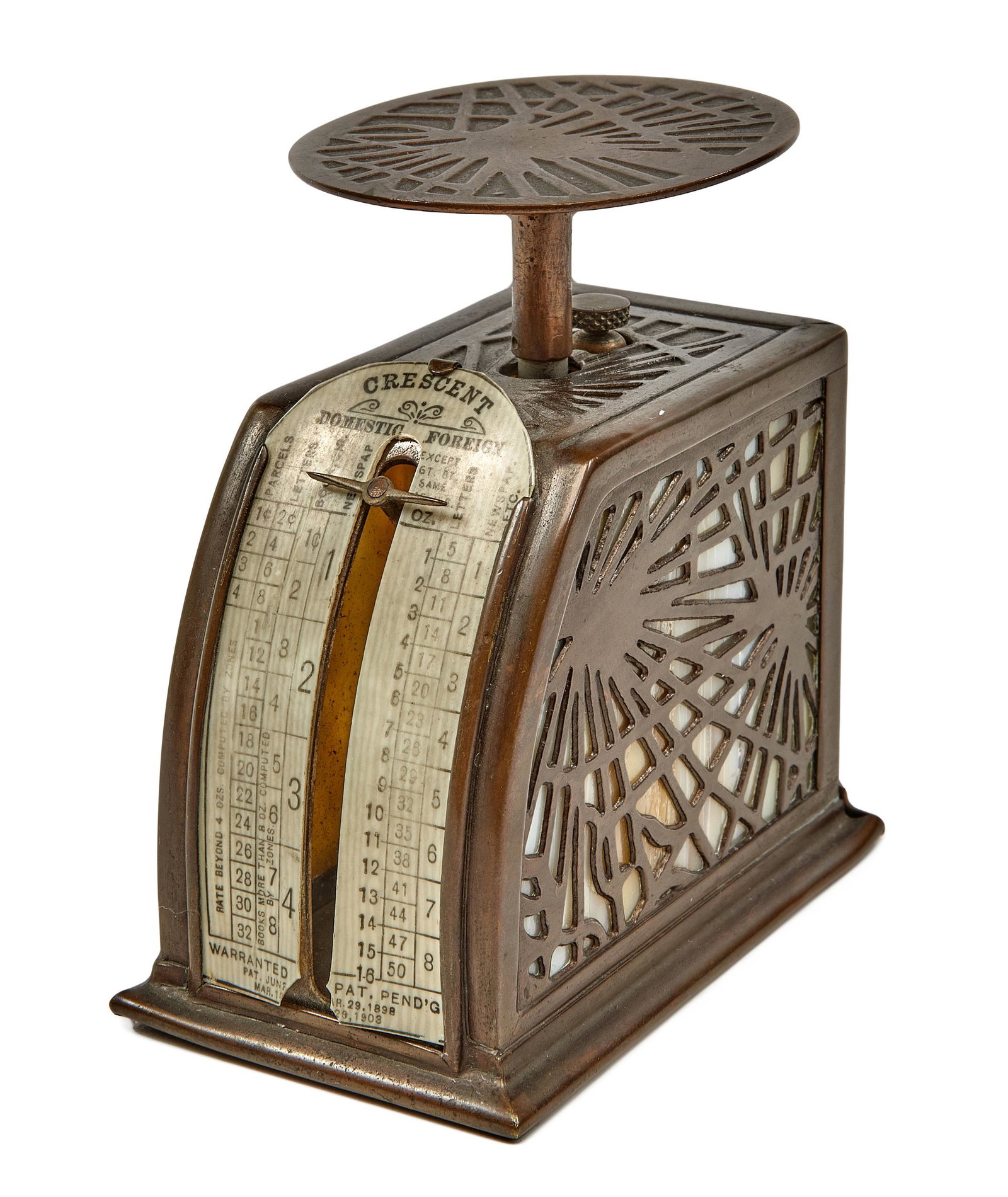 Tiffany Studios scale: Tiffany Studios Pine Needle postage scale New York, NY bronze, glass impressed mark 3"h x 3"w