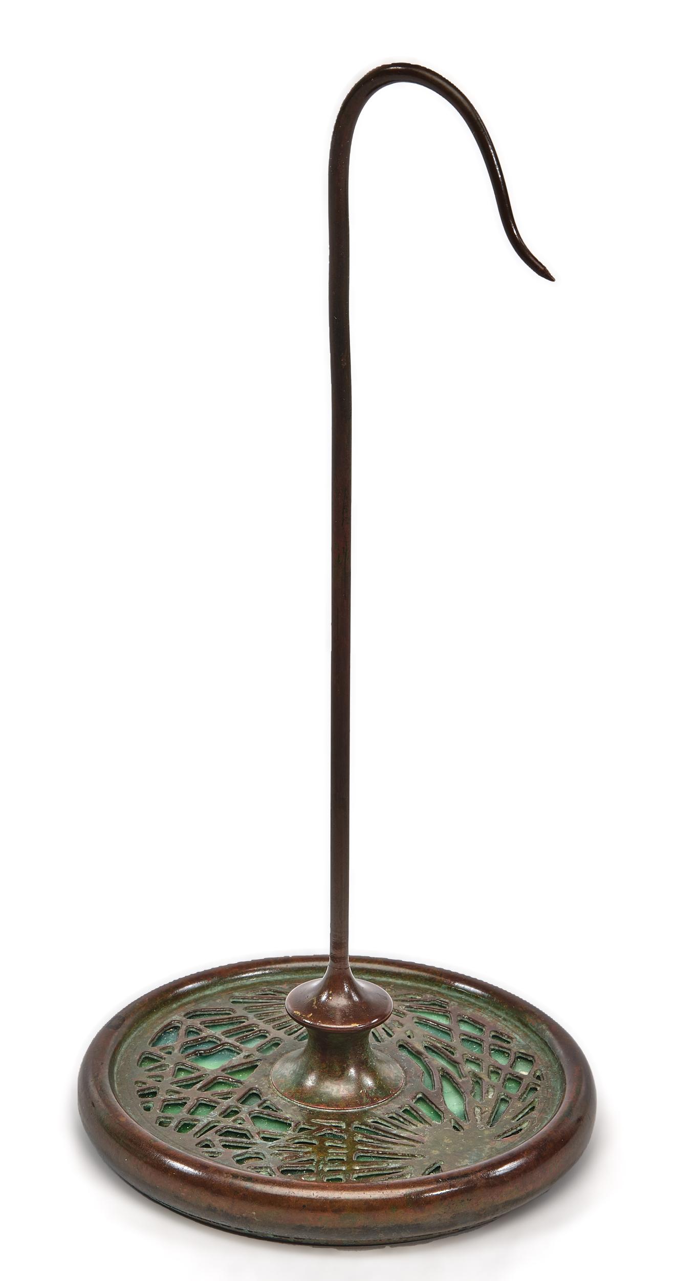 Tiffany Studios spindle: Tiffany Studios Pine Needle spindle New York, NY bronze, glass impressed mark 7"h x 3.5"dia