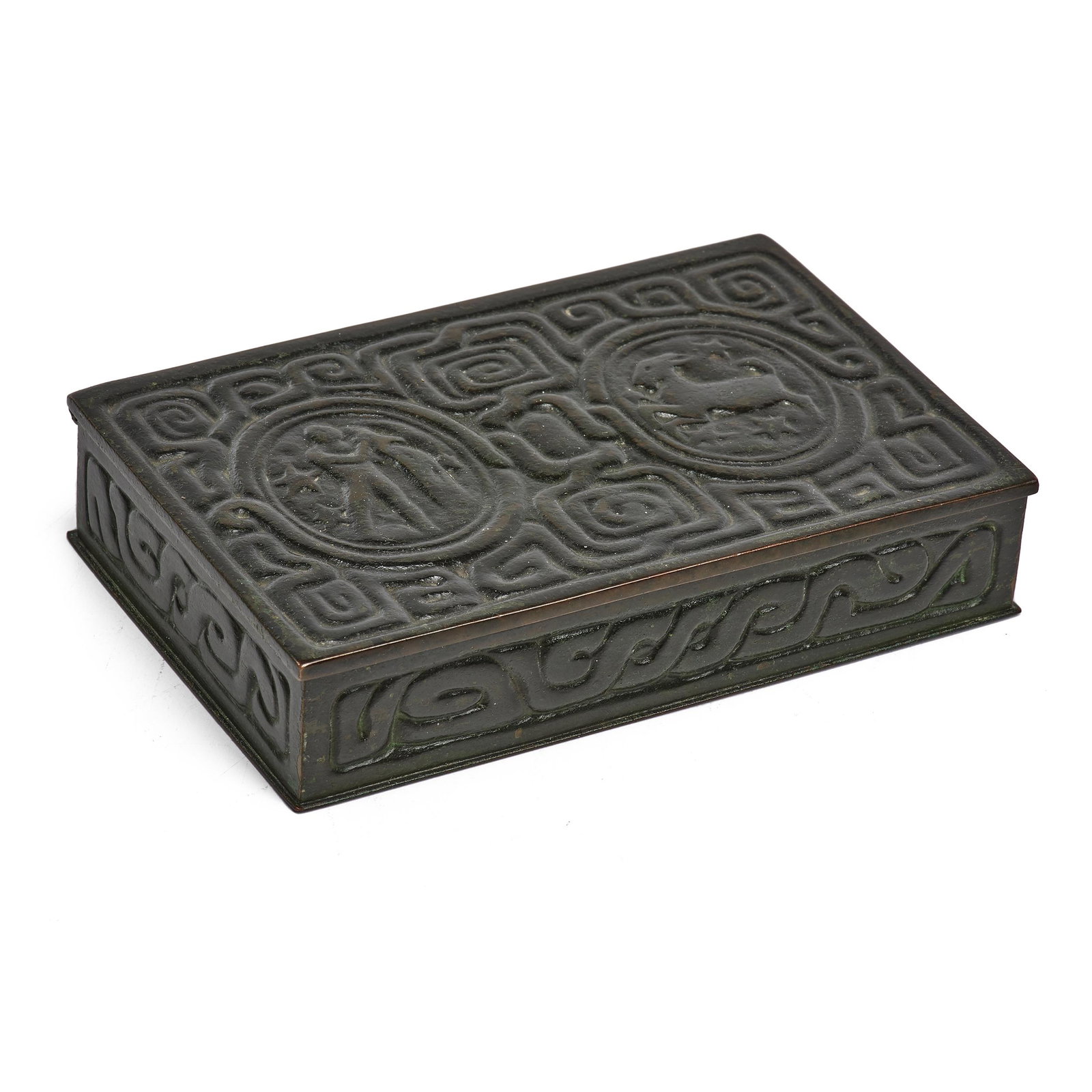 Tiffany Studios box: Tiffany Studios Zodiac box New York, NY bronze impressed mark 3.5"h x 5.25"w