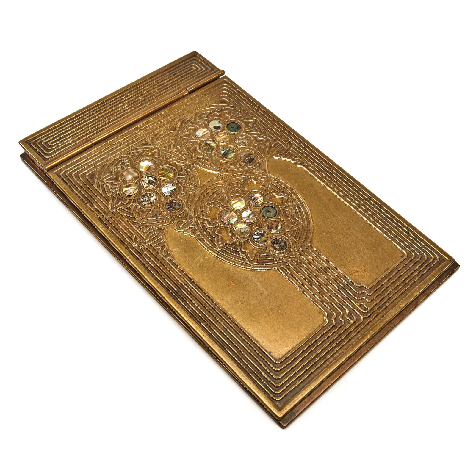 Tiffany Studios notepad holder: Tiffany Studios Abalone notepad holder New York, NY bronze, abalone impressed mark 7.5"h x 4.5"w