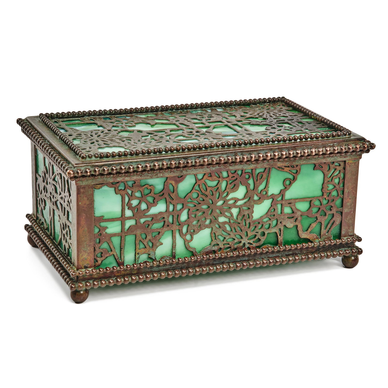 Tiffany Studios box: Tiffany Studios Grapevine box New York, NY bronze, glass impressed mark 3"h x 6.5"w