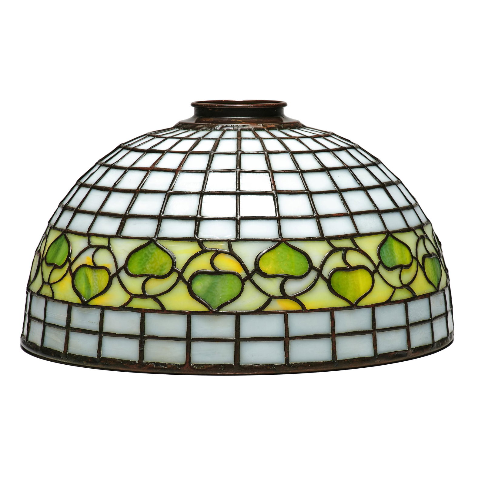Tiffany Studios lamp shade, in the style of: Tiffany Studios, in the style of lamp shade American leaded glass unmarked 5.5"h x 10"dia