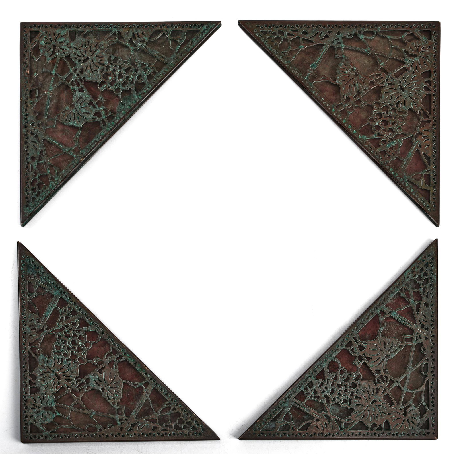 Tiffany Studios blotter corners: Tiffany Studios Grapevine blotter corners, set of four New York, NY bronze unmarked 4"h x 8.5"w