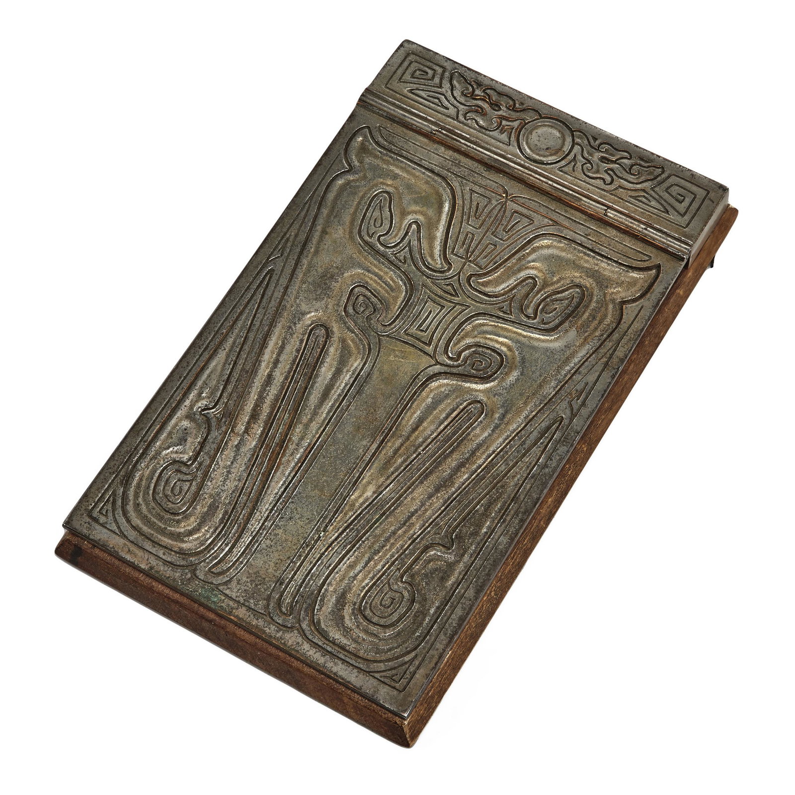 Tiffany Studios notepad holder: Tiffany Studios Chinese notepad holder New York, NY bronze impressed mark 8"h x 4.75"w