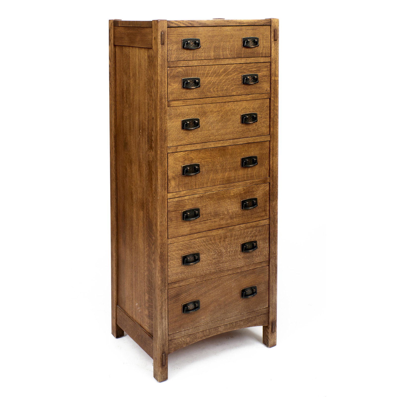 L & J.G. Stickley chest of drawers: L & J.G. Stickley chest of drawers Manlius, NY oak, copper burn stamp mark 53"h x 22"w x 16"d
