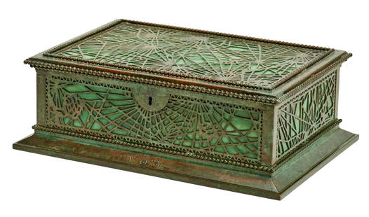 Tiffany Studios Pine Needle locking box: Tiffany Studios Pine Needle box New York, NYbronze, glassimpressed mark3.25"h x 9.5"w x 6.5"d