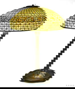 Tiffany Studios Lemon Leaf lamp: Tiffany Studios Lemon Leaf lamp New York, NY leaded glass, bronze shade and base signed 26"h x 18"dia