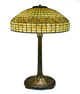 Tiffany Studios Lemon Leaf lamp: Tiffany Studios Lemon Leaf lamp New York, NY leaded glass, bronze shade and base signed 26"h x 18"dia