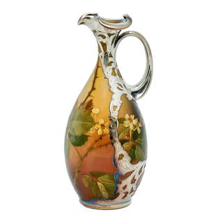 Rookwood Pottery by Kataro Shirayamadami silver overlay ewer: Rookwood Pottery by Kataro Shirayamadamisilver overlay ewer Cincinnati, OH, 1893 silver-overlaid glazed ceramicartist signed, dated, numbered 9.75"h x 4"dia