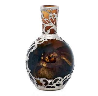 Rookwood Pottery by Bruce Horsfall silver overlay vase: Rookwood Pottery by Bruce Horsfallsilver overlay vase Cincinnati, OH, 1894 silver-overlaid glazed ceramicartist signed, dated, numbered 6.25"h x 3.5"dia