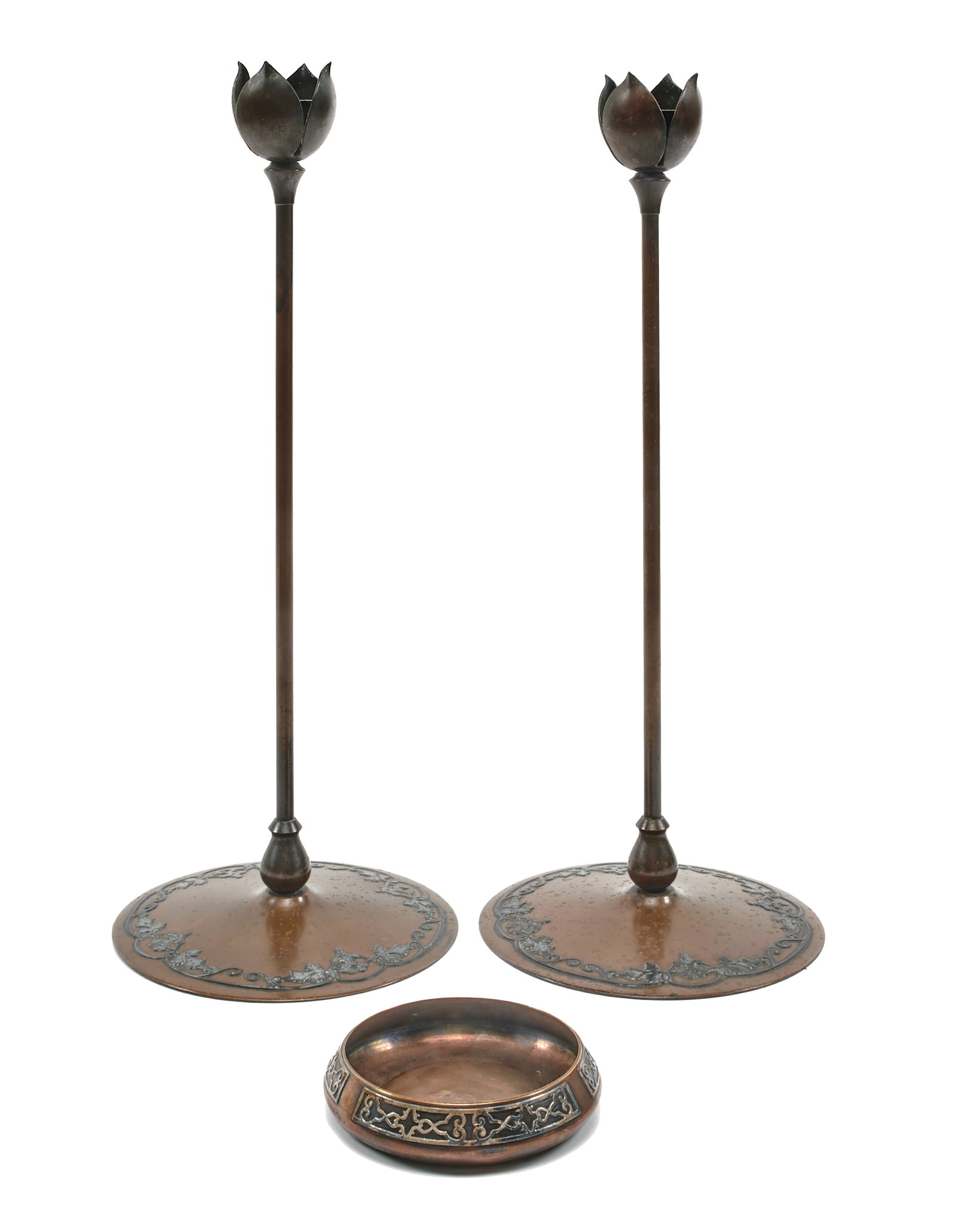 Heintz candlesticks and bowl: Heintz candlesticks and bowlAmericanbronze and sterling bowl marked largest: 14.75"h x 6"w
