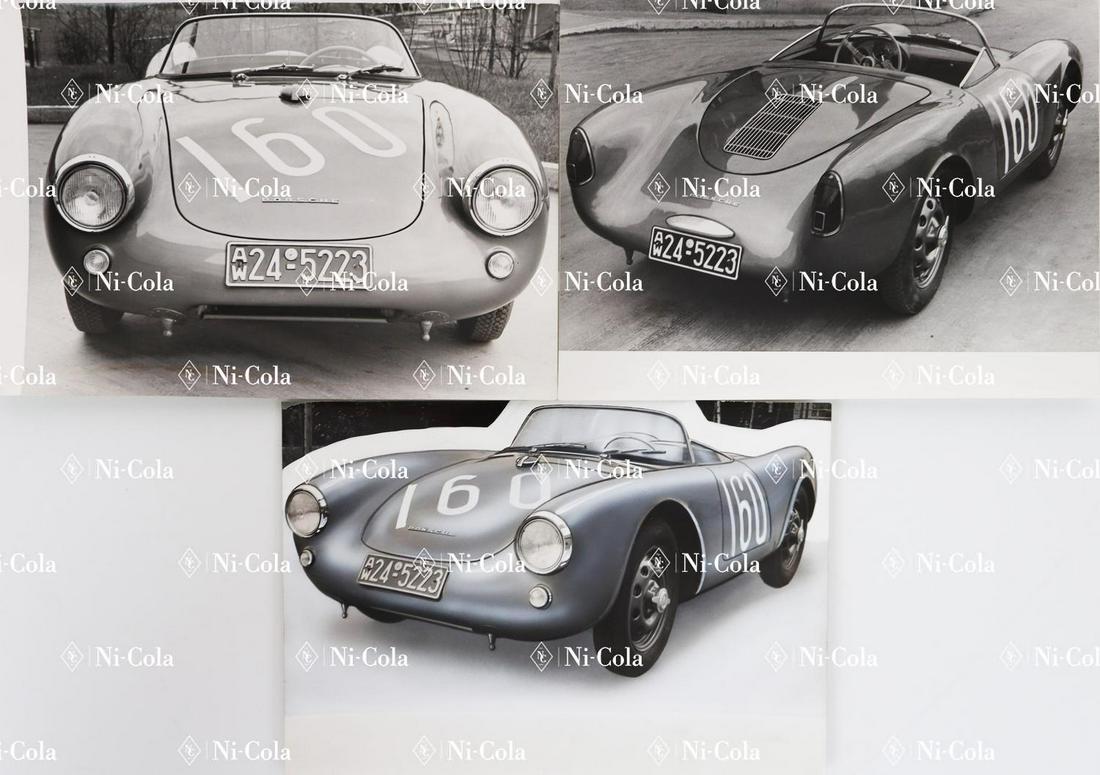 Porsche 3 x B/W press photos type 550 Spyder in: 3 x on back Leica - Studio Wörner, 12.5 x 17.5 cm