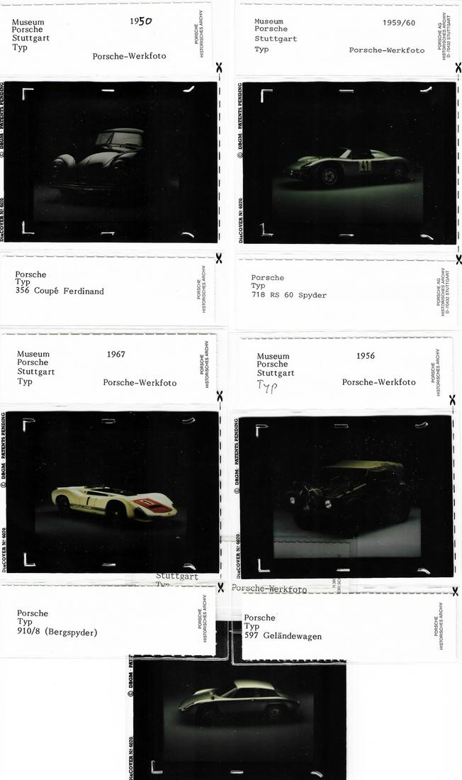 Porsche 5 Original color negatives from Porsche factory: Type 718 RS 60 Spyder, 910/8 (Bergspyder), 356 Coupe, 597 off-road car and 356 B, 5.5 x 7 cm