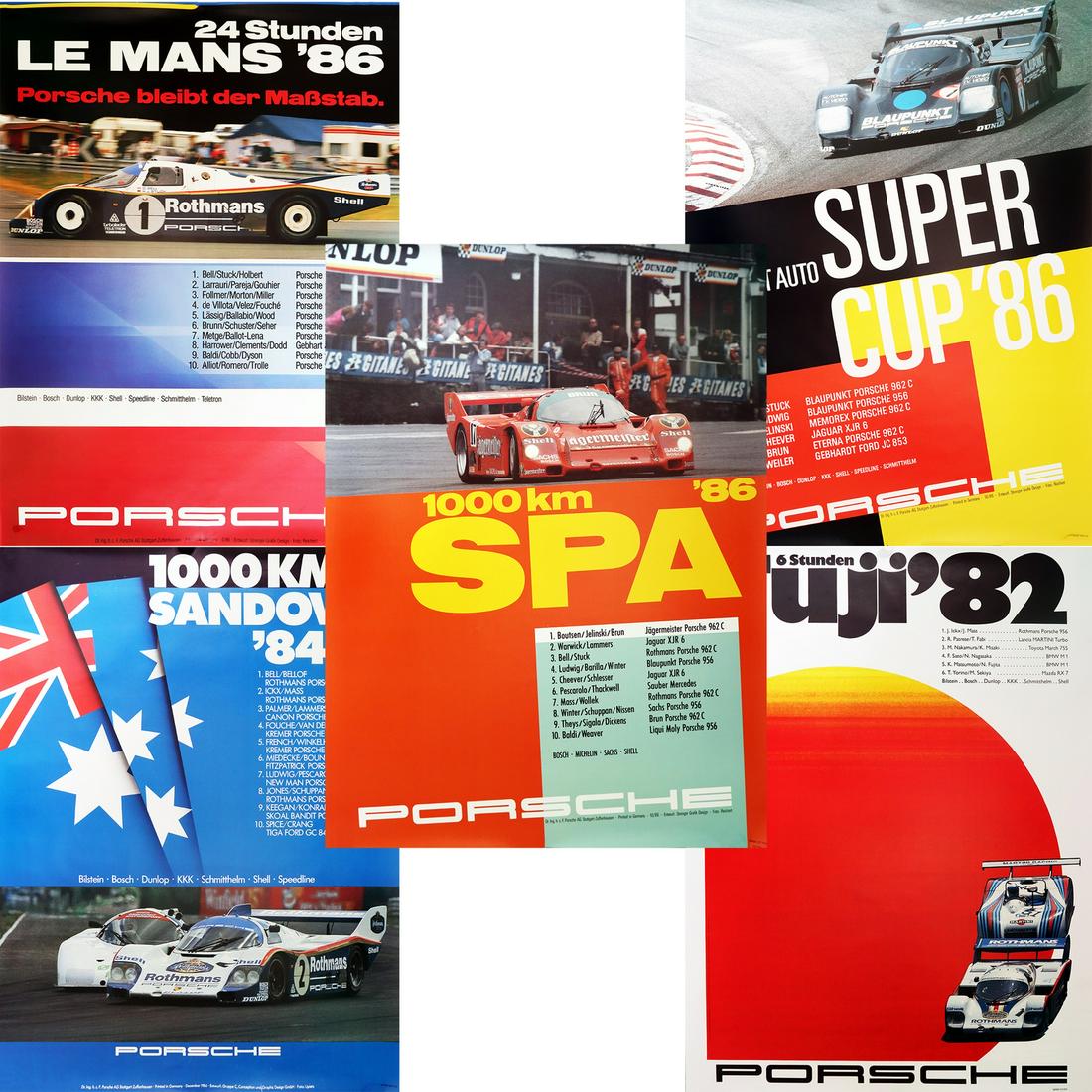 Porsche 5 posters of races from the 80s: '1000 KM Spa 1986', '1000 KM Sandown 1984', 'Supercup 1986, 'Le Mans 1986', '6 Stunden Fuji 1982', all 101 x 76 cm
