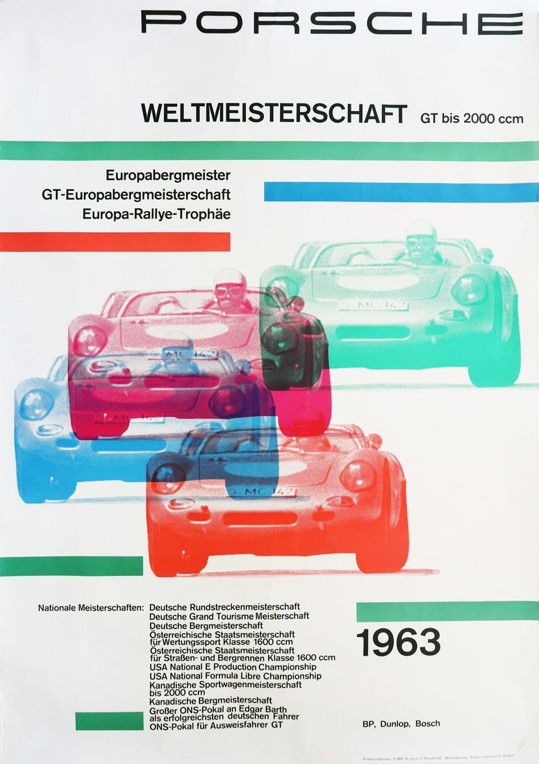 Porsche Poster 'Weltmeisterschaft GT bis 2000 CCM' from: Design Lohrer, 118 x 85 cm, upper right corner 5 cm missing part