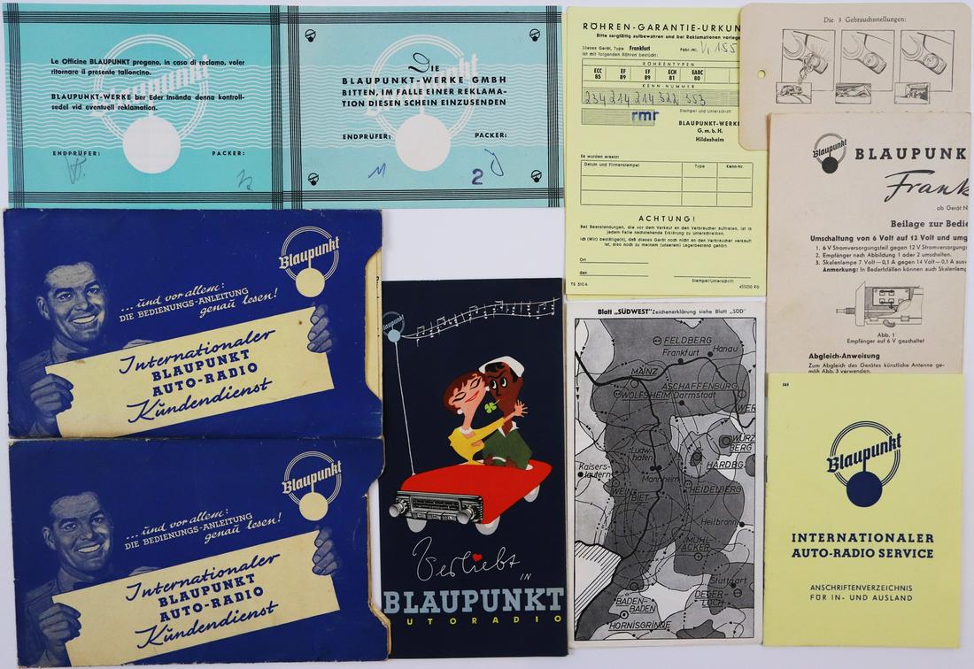 Automobilia 11-parts Blaupunkt from the mid 50s: Brochures as well as warranty cards and operating instructions