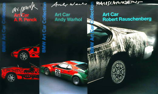 BMW 7 'BMW Art Car Collection' advertising posters: Esther Mahlangu, Ernst Fuchs, Ken Done, Andy Warhol, Roy Lichtenstein, Robert Rauschenberg, A.R. Penck, 84 x 60 cm