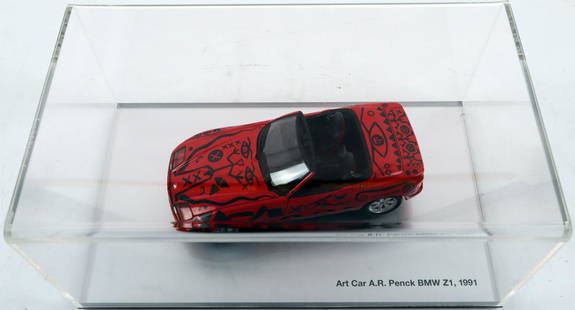 BMW Model car 'Art Car A.R. Penck BMW Z1, 1991': Scale 1:18, was handed over to exclusively selected BMW dealers and hand-painted by A.R. Penck, model in single showcase, 21 x 35 x 14 cm