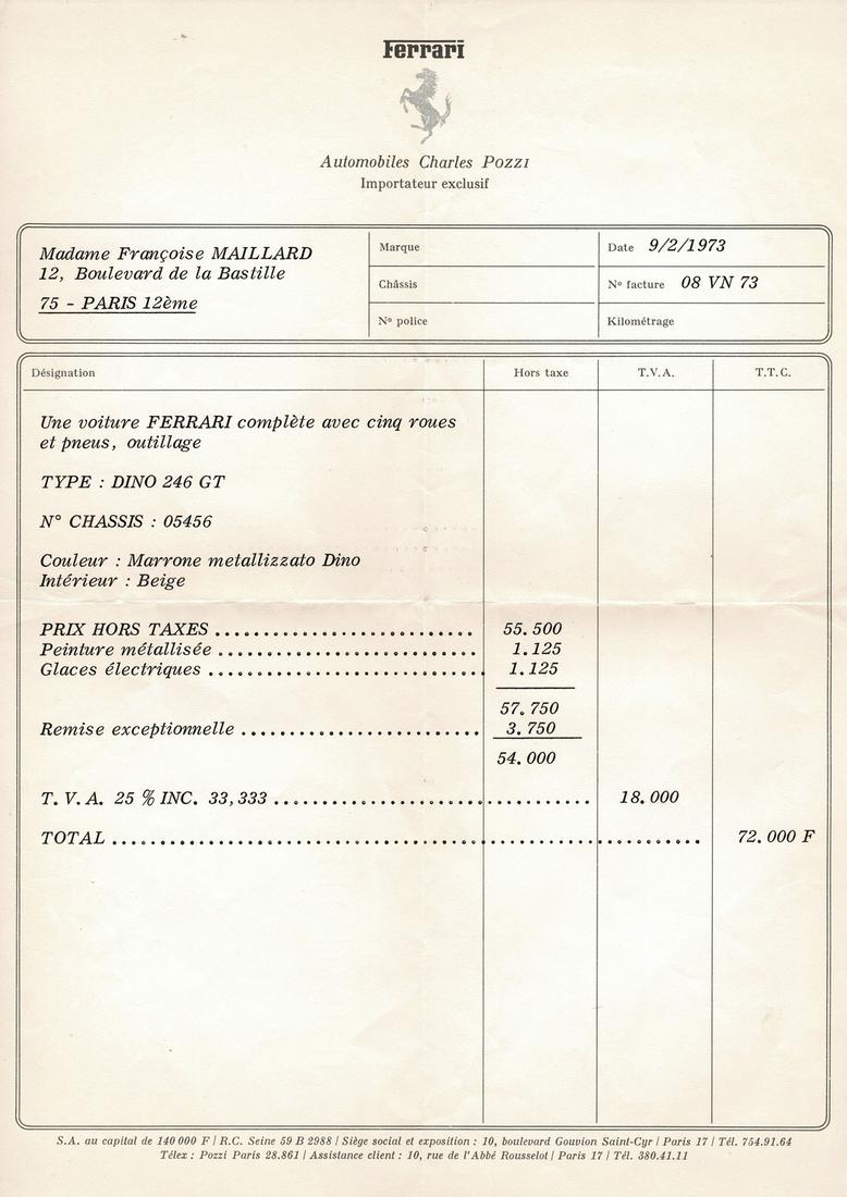 FERARI Original invoice for a Ferrari Dino 246 GT (E: Chassis number: 05456, issued by the Ferrari dealer Pozzi in Paris, rare original document