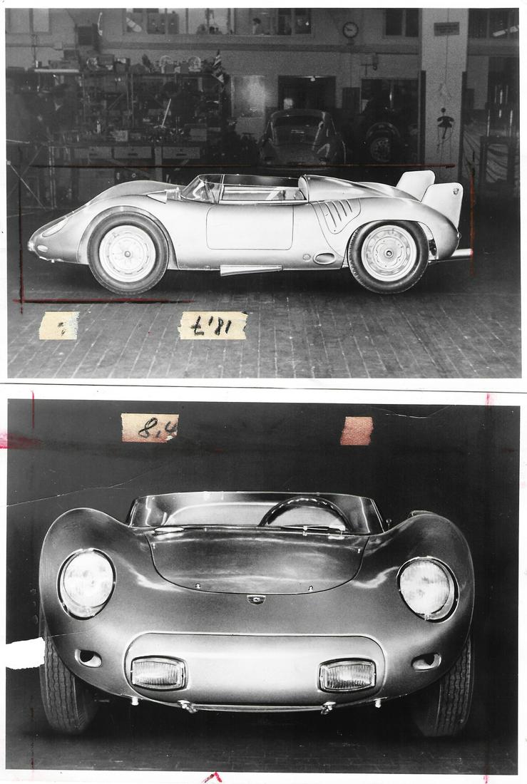 Porsche 2 original B/W factory press photos: Marked on back 'Porsche Spyder für Seebring 1958', 17 x 12 cm, rare