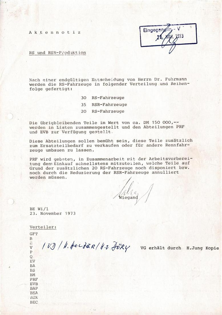 Porsche File note production volume and price Carrera: From 23rd November 1973, 1 page, very rare