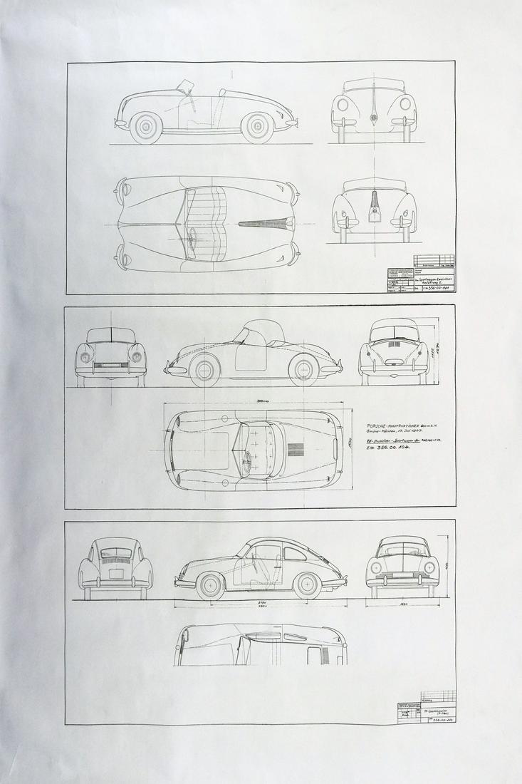 Porsche Blueprint 'VW-Zweisitzer- Sportwagen' type: 356.00.101, 356.00.104, 356.00.110, Porsche Constructions Ges.m.b.H. Gmünd-Kärnten, 102 x 77 cm