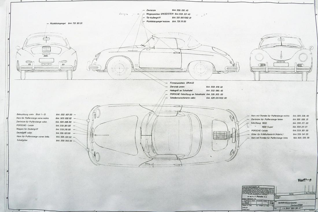Porsche Blueprint 'Verkehrsausrüstung / Zierbeschläge': Scale 1: 10, Z-No. 644.003.301. 41/1, 17.4.58