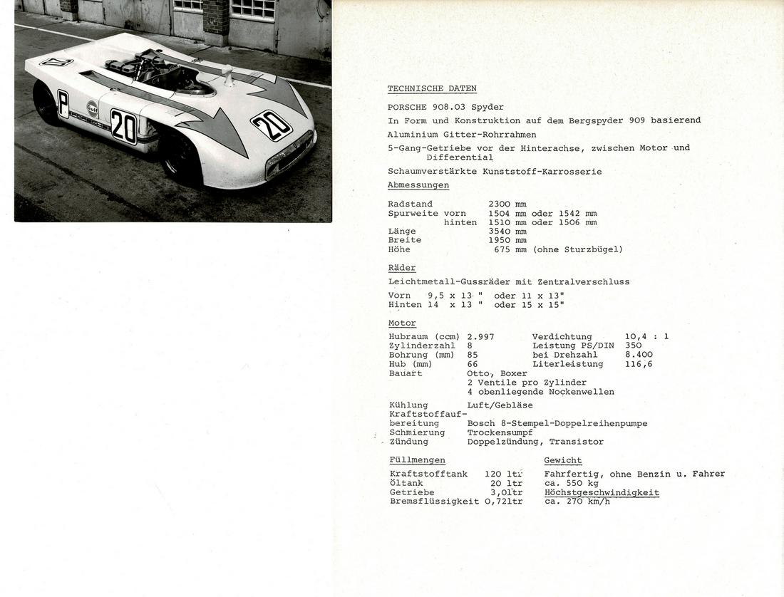 Porsche 1 page technical data Porsche 908.03 Spyder (1 of 1)