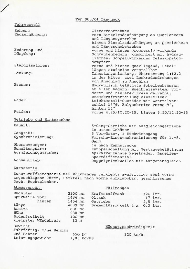Porsche 2 pages technical data type 908/01 Long-tail (1 of 1)