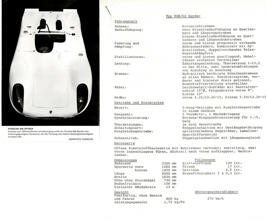 Porsche 2 pages technical data type 908/02 Spyder (1 of 1)