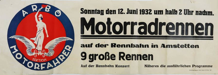 Poster Arbo engine driver 'Motorradrennen auf der: 31 x 94, with folds