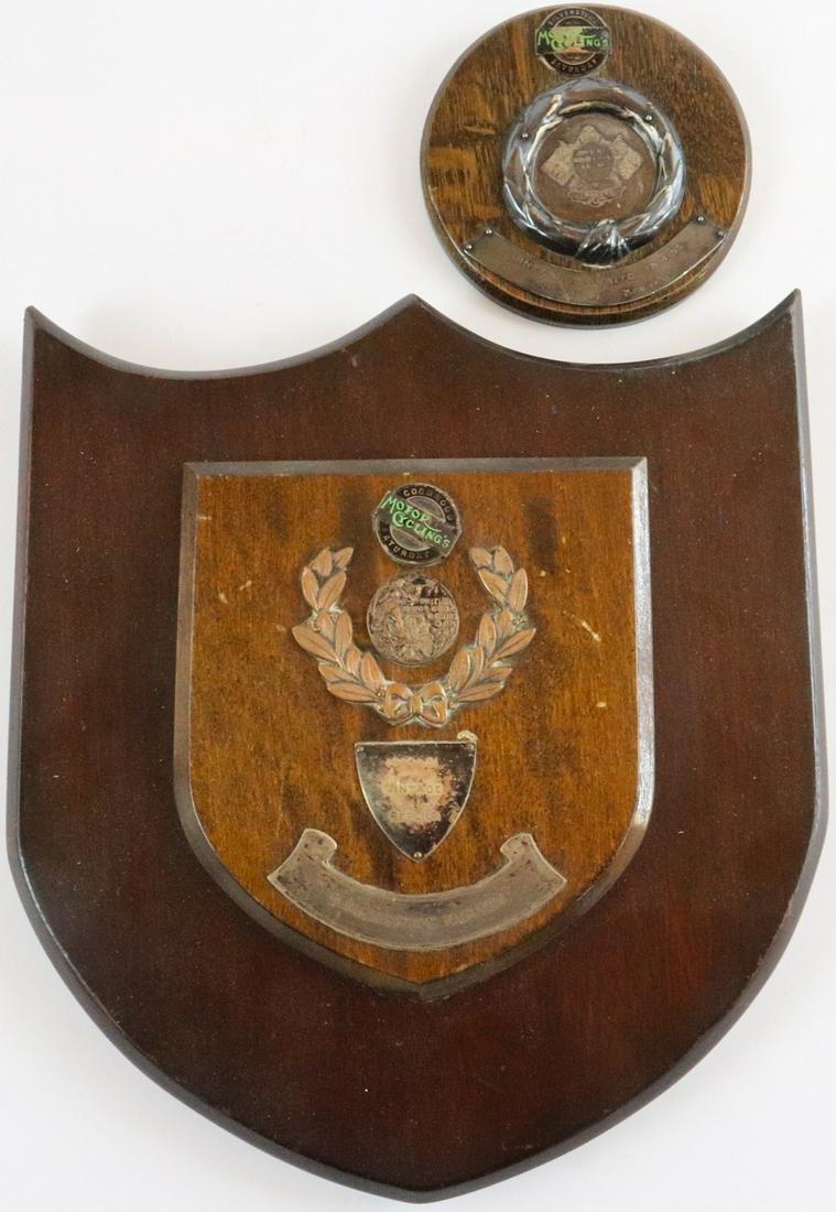 Automobilia 2 x badges D. Pickering British Motor Cycle: 1 x 1951 on Norton, 1 x 1953 on Brough Superior, mounted on wood