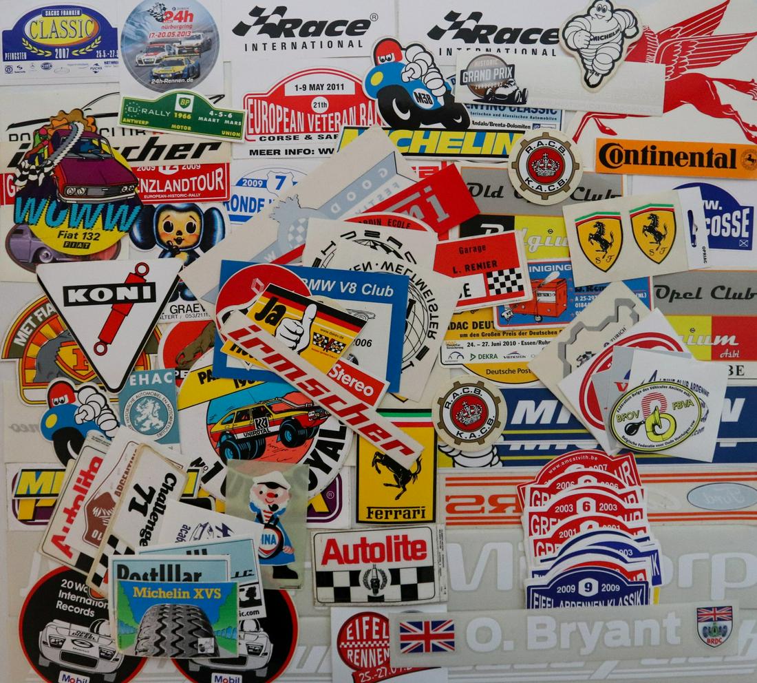 Automobilia More than 100 stickers: E.g. Porsche, Ferrari, Ford, oil brands etc.