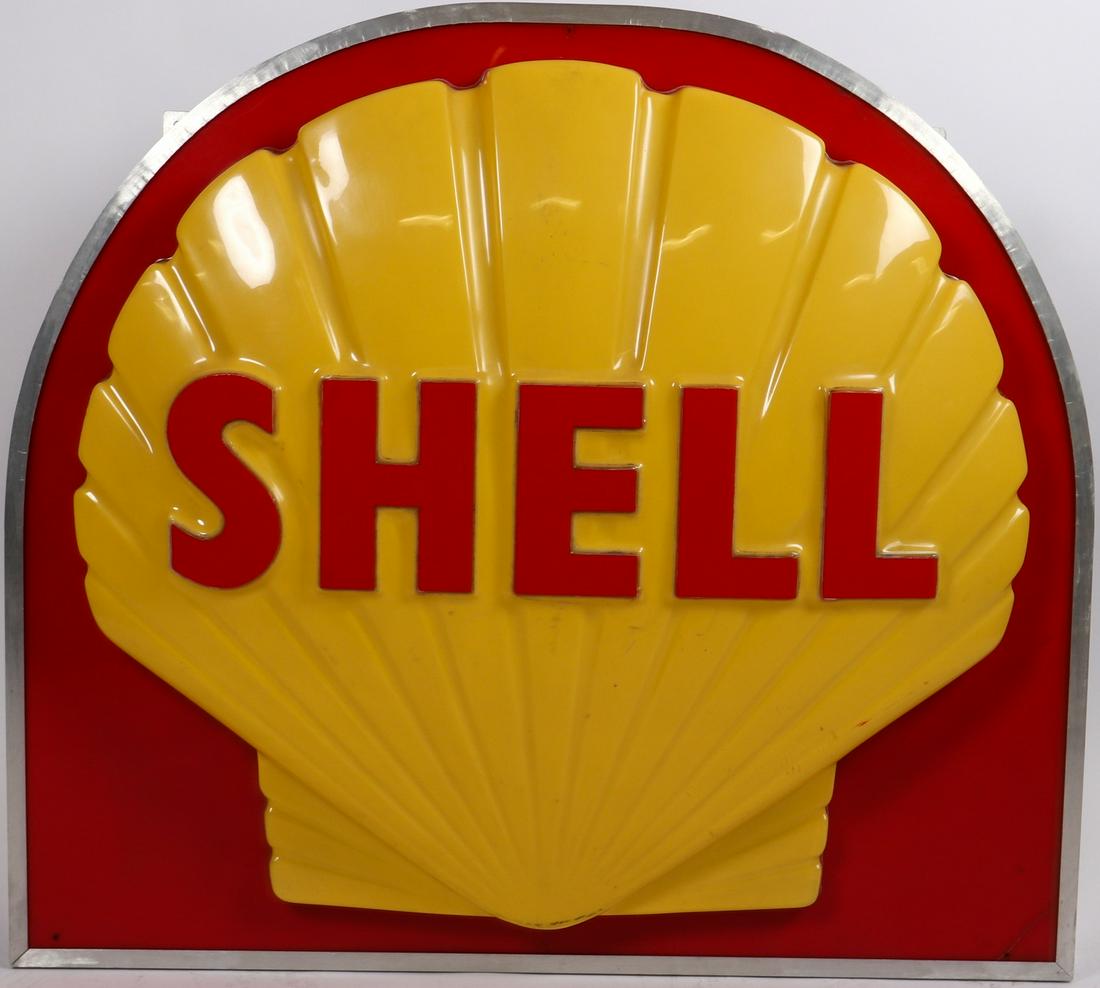 Automobilia Shell illuminated advertising sign from the: High-quality design with stainless steel frame, lighting fully functional, Dimensions: 113 x 102 x 15 cm, very rare
