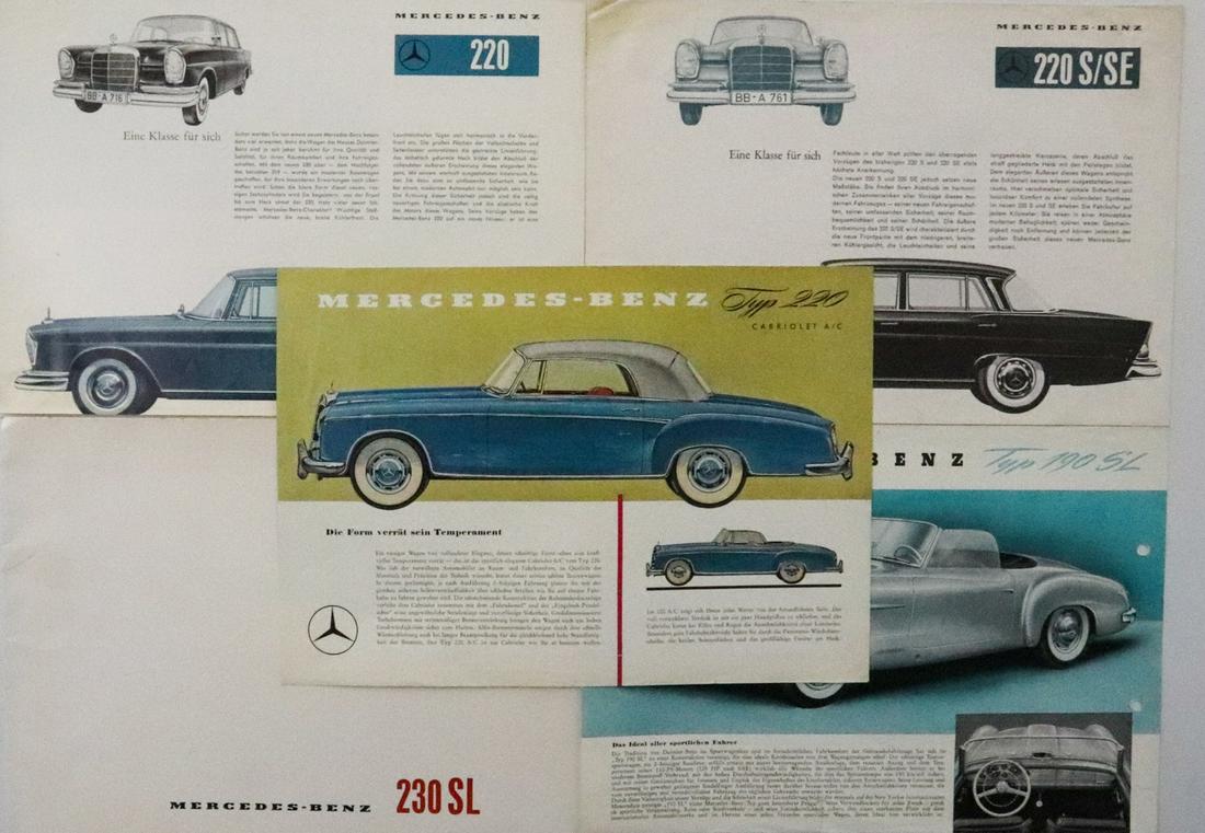 Mercedes-Benz 5-parts fold-out brochures from the 60s: 2x flyer, 2x fold-out brochure 4 pages, 1x brochure 230SL, 28 pages, German