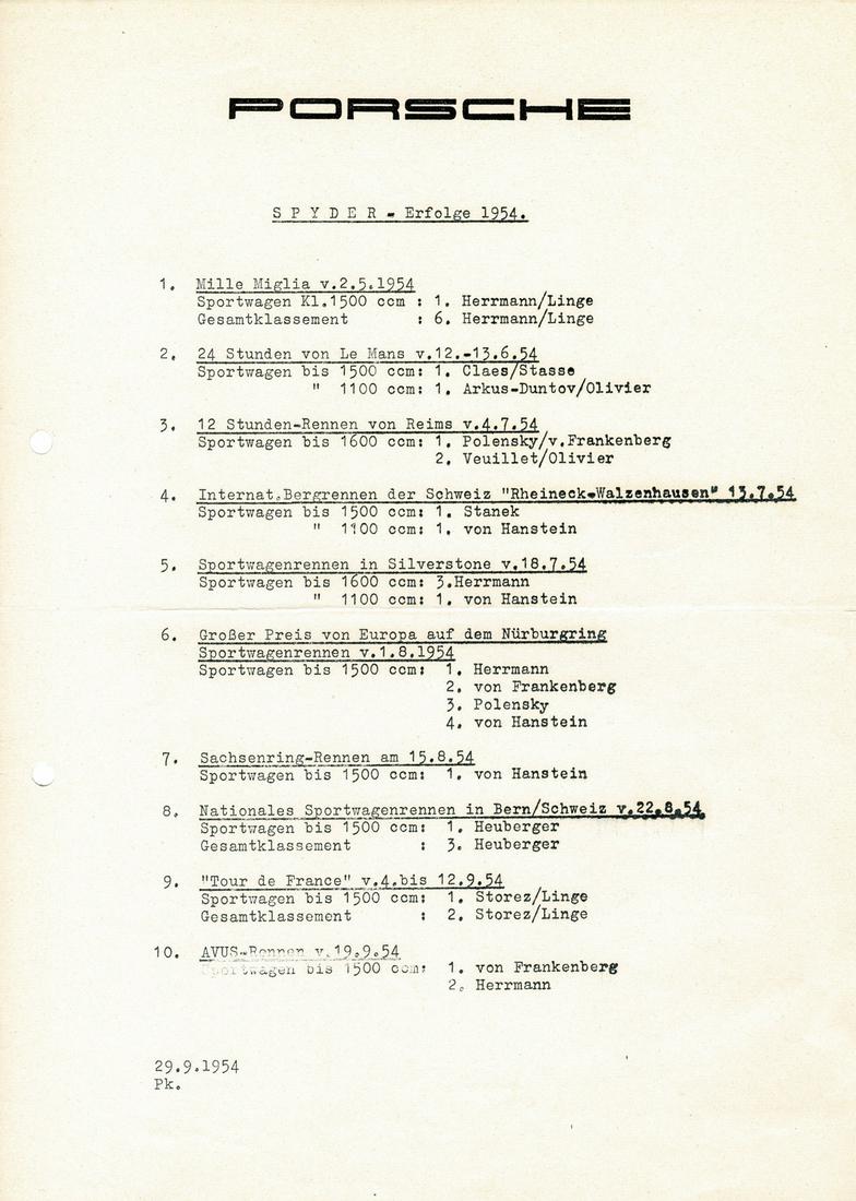 Porsche 1 page 'Spyder successes 1954': German