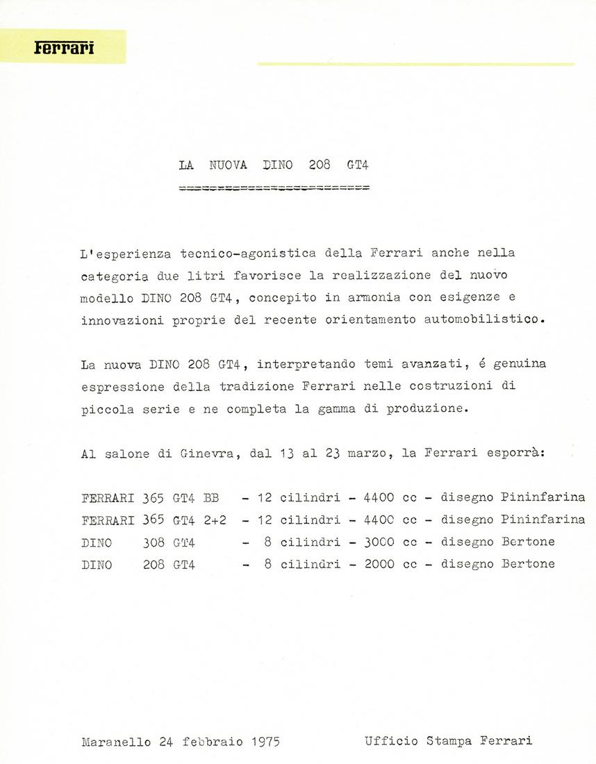 Ferrari Notiziario 'La Nuova Dino 208 GT4' from 1975: Italian, 1 page