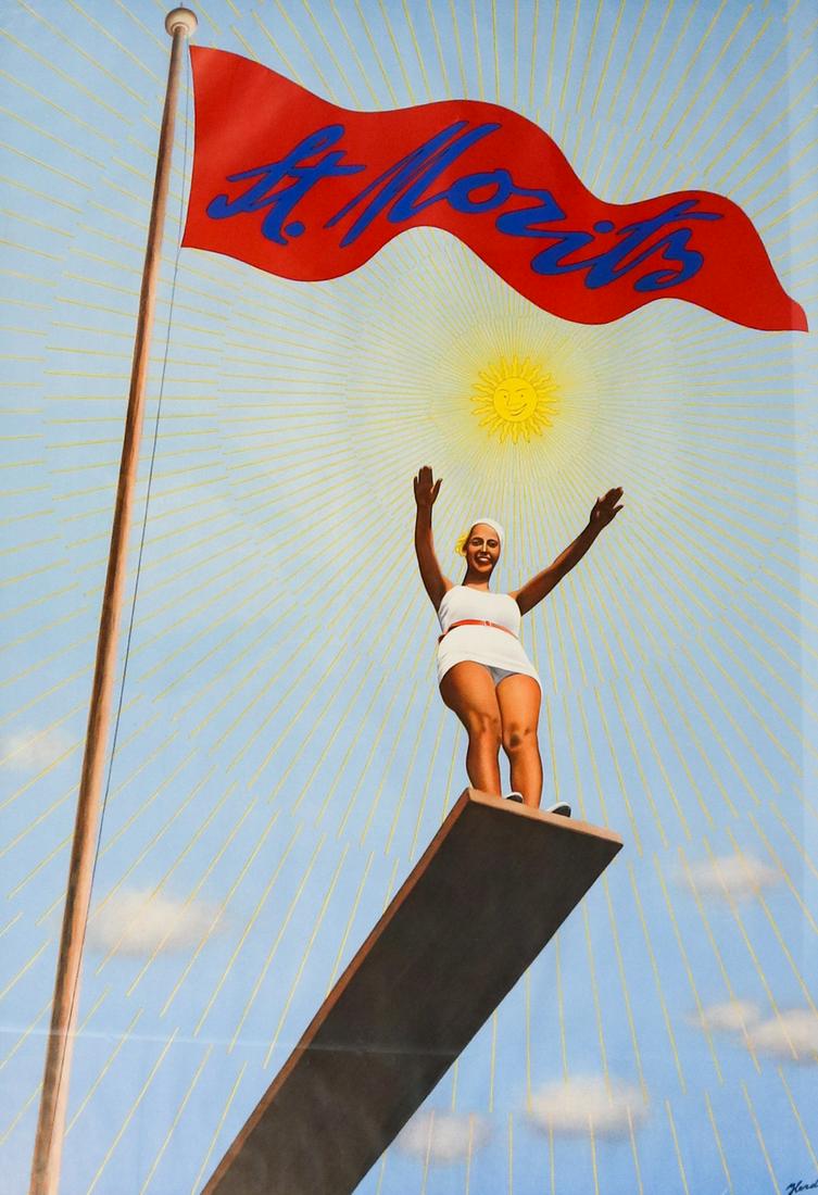 Poster Tourism poster St. Moritz from 1937 design: On behalf of the St. Moritz Tourist Office, the sun with the diagonal St. Moritz logo was the world's first logo for a holiday destination, a 2nd copy of this poster is owned by the Museum fÃ¼r Gest
