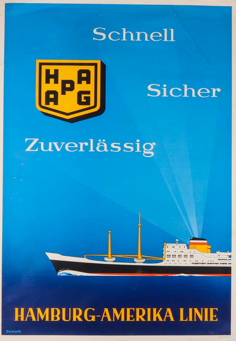 Poster Advertising poster 'Hapag Schnell Sicher: 84 x 59 cm, with several margin tears (2.5 cm, 2 cm and smaller), with fold at lower corner