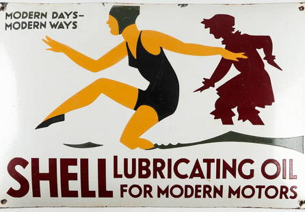 Automobilia 'Shell Lubricating Oil for modern Motors': 59 x 39 cm, Art Deco enamel sign, designed by the famous artist and designer Tom Purvis; Tom Purvis (1888-1959) was born in Bristol and designed posters for companies such as Dewar's Whisky, Bovril, A