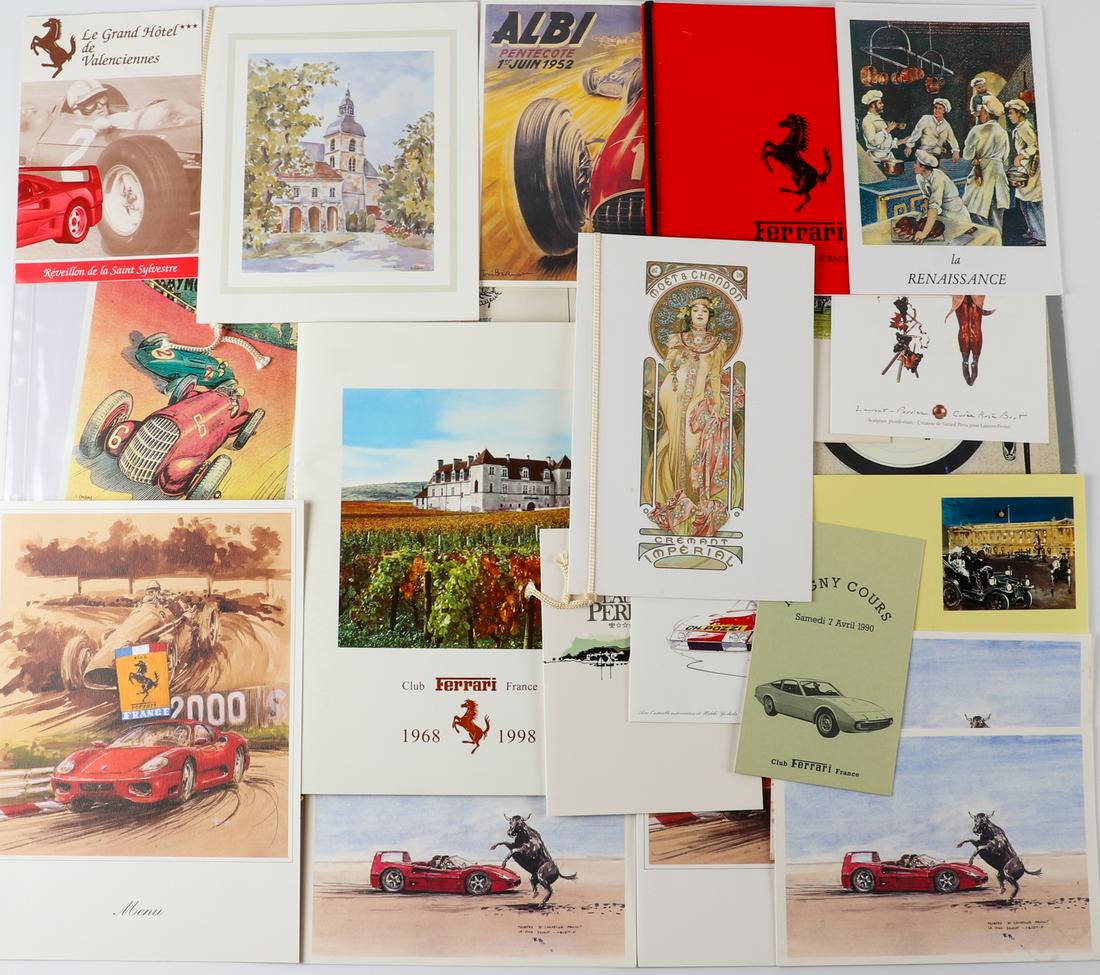 Ferrari 40 menu cards from the 80s - 2000s: From e.g. Ferrari Club France, Pozzi as well as Formula 1 races, from the collection Jaques Swaters