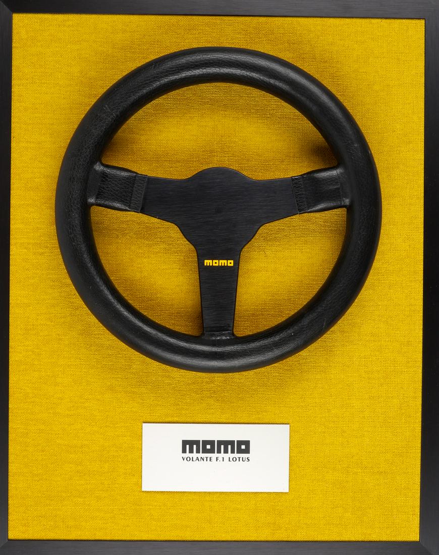 Lotus 1975 MOMO Lotus F1 steering wheel: Lotus factory steering wheel, identical designs can be found in vehicles such as Lotus 72E / Lotus Europa Group 5, unbored blank, steering wheel was mounted on display, suitable for wall mounting, bas