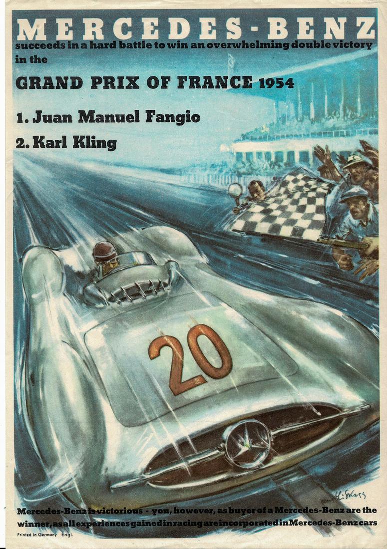 Mercedes-Benz Small poster 'Grand Prix of France 1954': Approx. 29.5 x 21, motif by Hans Liska