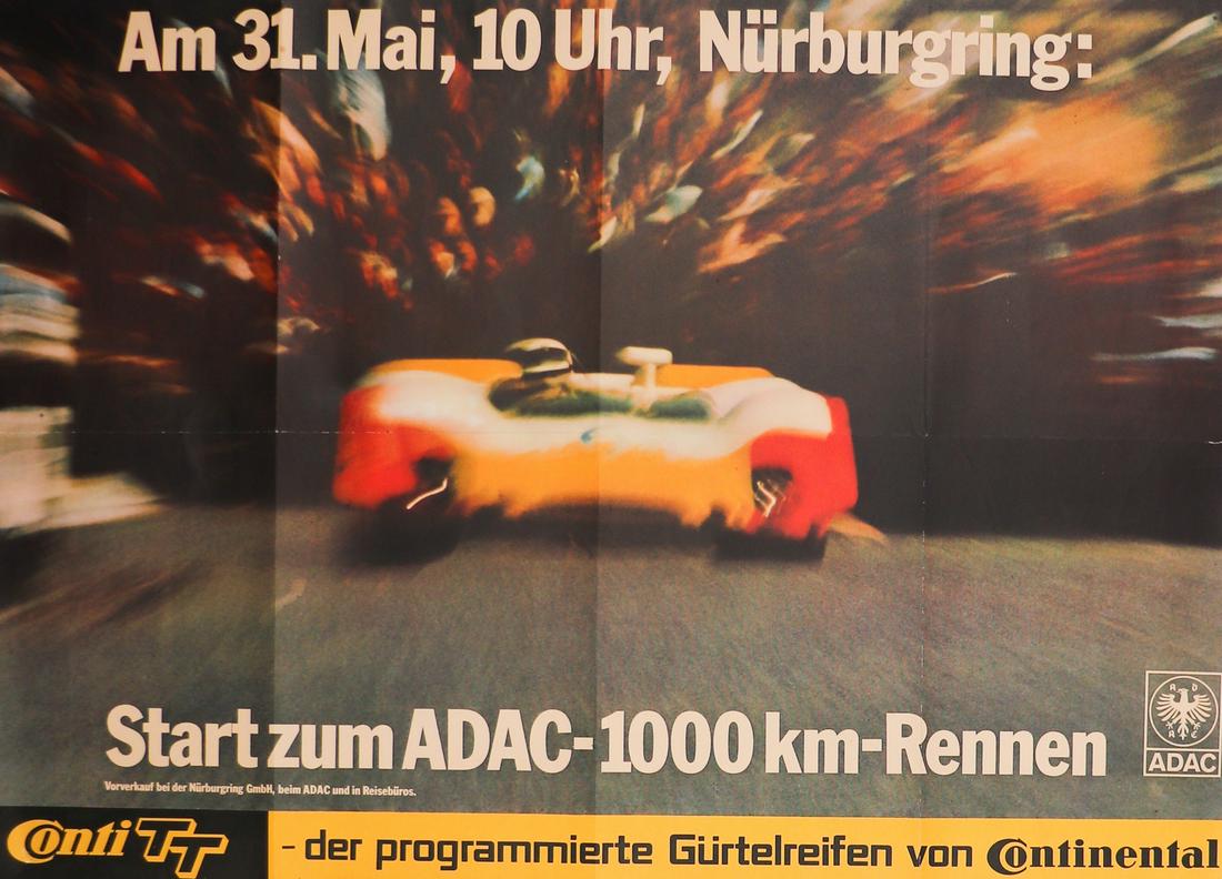 Poster Poster 'ADAC- 1000 km - Rennen' from 1970: NÃ¼rburgring, ADAC and Continental, folded, damaged edges, approx. 75 x 53 cm