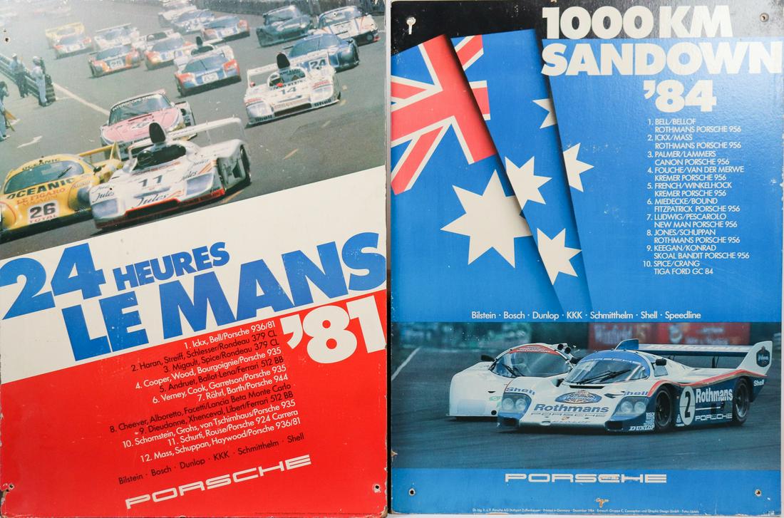 Porsche 8 posters on hardboard from the 80s: Notice for races, including e. g. Le Mans 81, 1000 KM Sandown, Trans-Am 80 etc.
