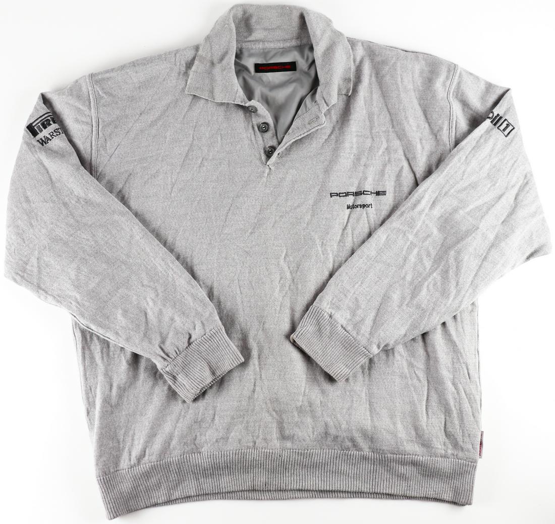 Porsche Pullover 'Porsche Motorsport' from the 80s: Manufacturer: Gore - XCR, size: L, color: grey, with embroidery: Mobil 1, Warsteiner and Pirelli