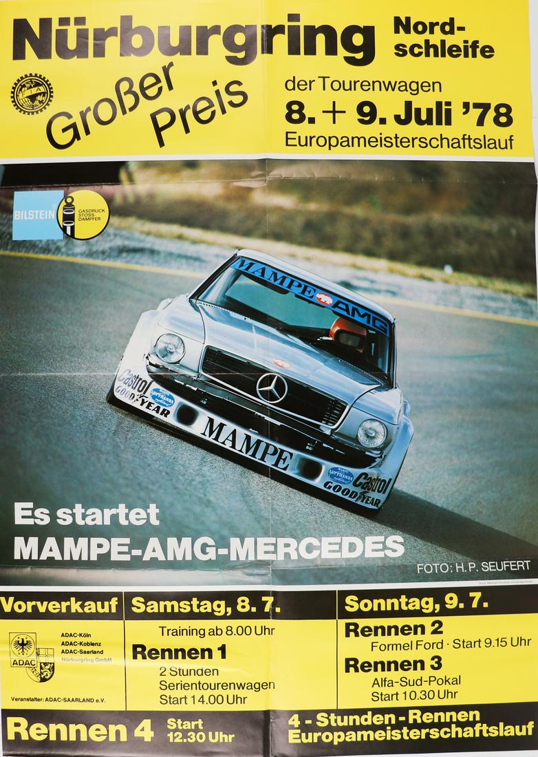 Poster 2 racing posters NÃ¼rburgring from the 70s: 1x ADAC 1000km race 1974 (83 x 53 cm), 1x Grand Prix of Touring Cars 1978 (84 x 59 cm), both folded