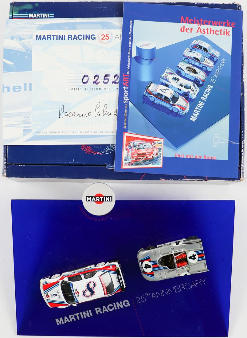 Porsche Martini model car box for the 25th anniversary 1995: With 2 models, Porsche 908/03 and Alfa Romeo 155 V6 Ti, signed by Helmut Marko and Nicola Larini in the enclosed brochure, 1:43 scale