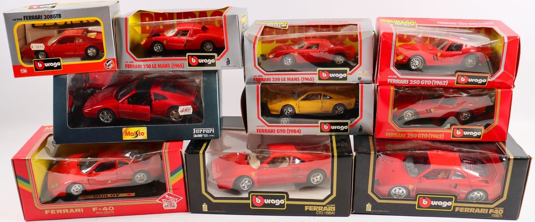 Ferrari 10-parts model cars: Consisting of Special Edition by Maisto Type 348TS (M: 1:18), Type F40 by Guiloy (M:1:20), as well as 8 model cars from the manufacturer Burago, e.g. Type 250 Le Mans (M:124), Type 250 GTO (M:1:24) et