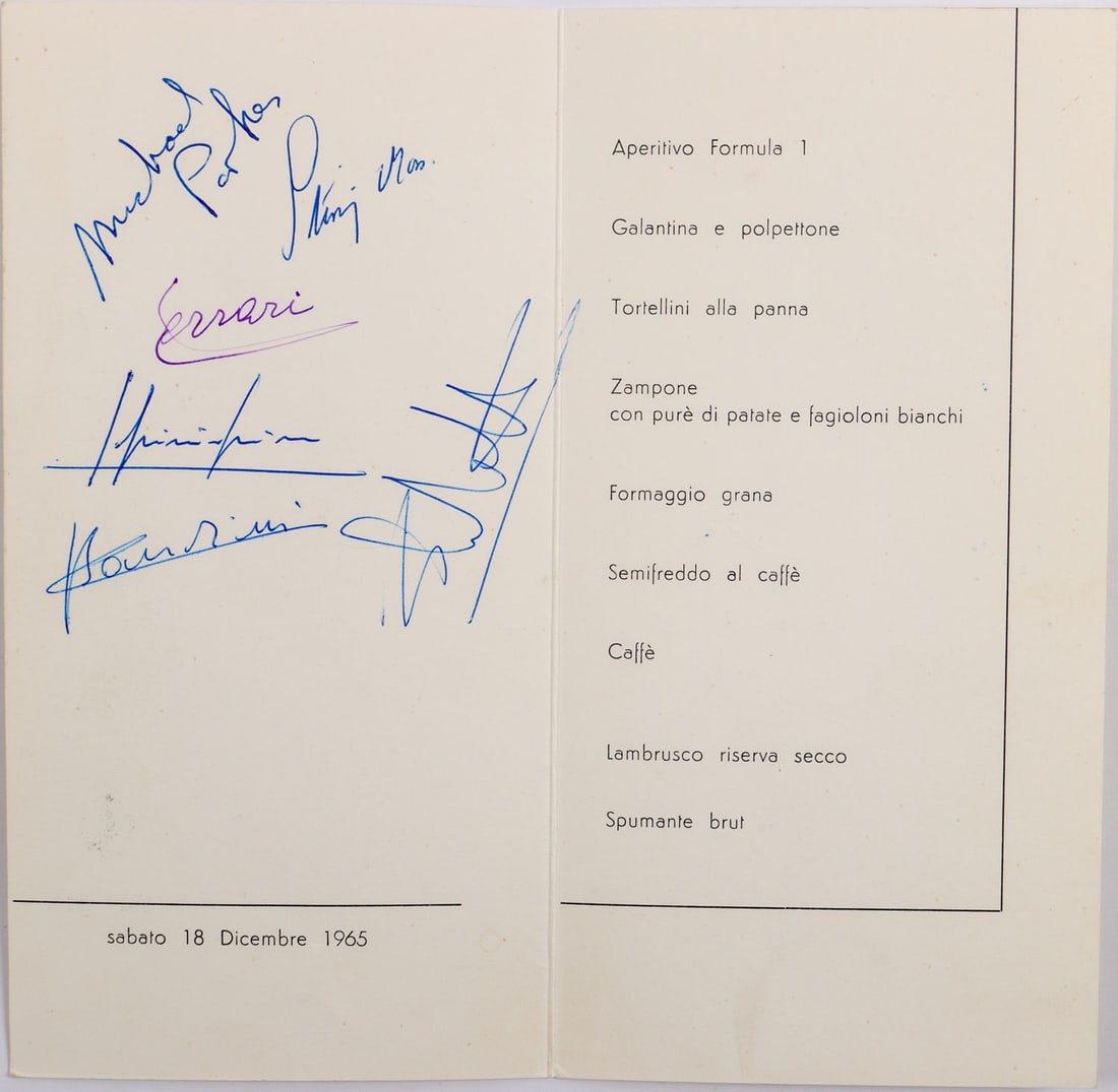 Ferrari Menu card from 18.12.1965 in Restaurant Al Tucano: With 6 hand signatures of Enzo Ferrari, Stirling Moss, Pininfarina, Lorenzo Bandini, Michael Parkes and Ludovico Scarfiotti, very rare